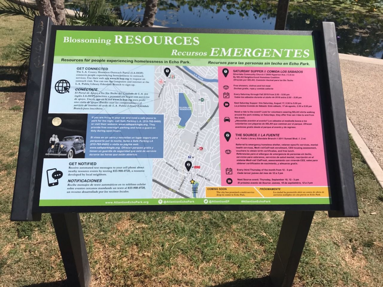 Echo Park Lake homeless sign Blossoming Reserouces